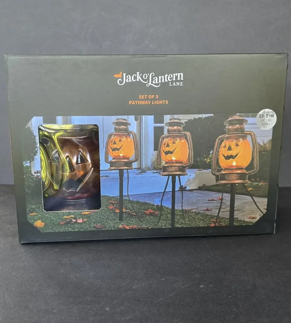 Jack O' Lantern Lane Pumpkin Pathway Lights Set Of 3 Halloween Outdoor Decor